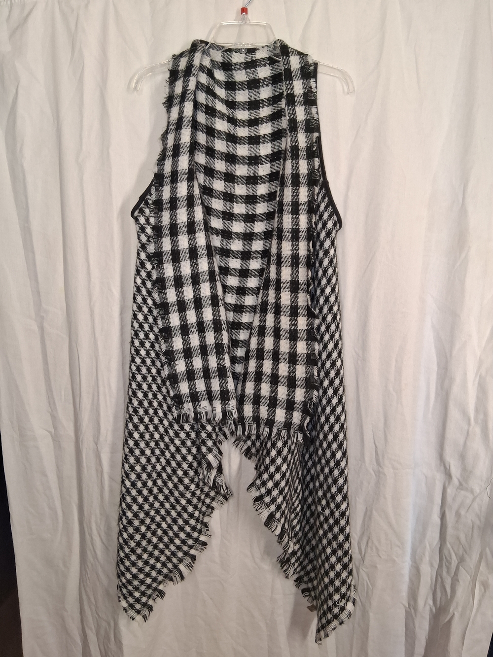 Reversible Black and White Plaid/Houndstooth Open Front Fringe Vest
